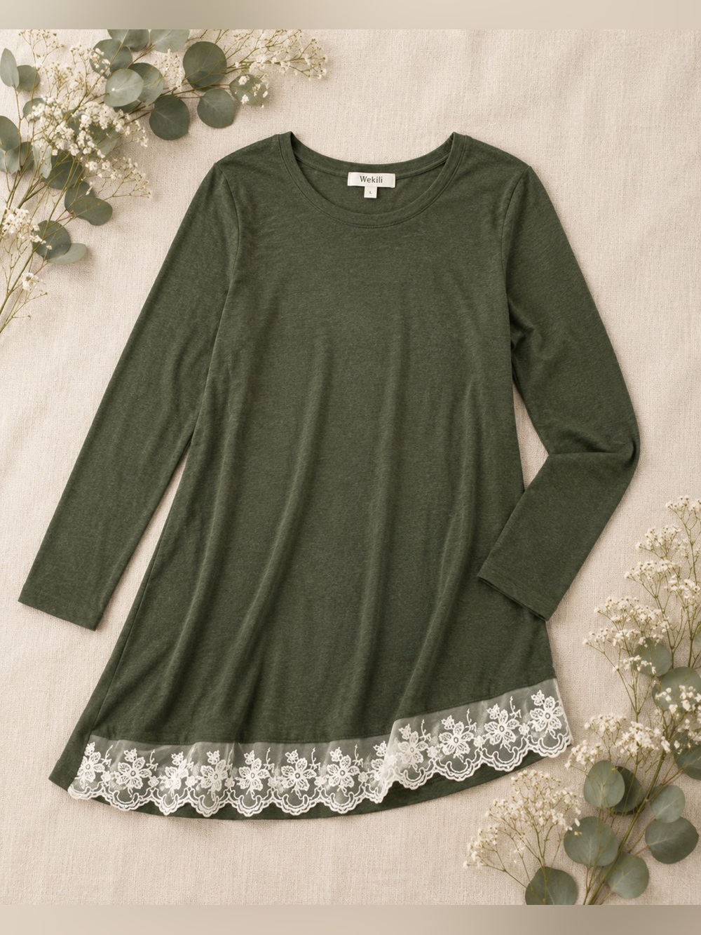 Wekili Hunter Green Lace Hem Tunic | Soft Stretch Feminine Lace Detail